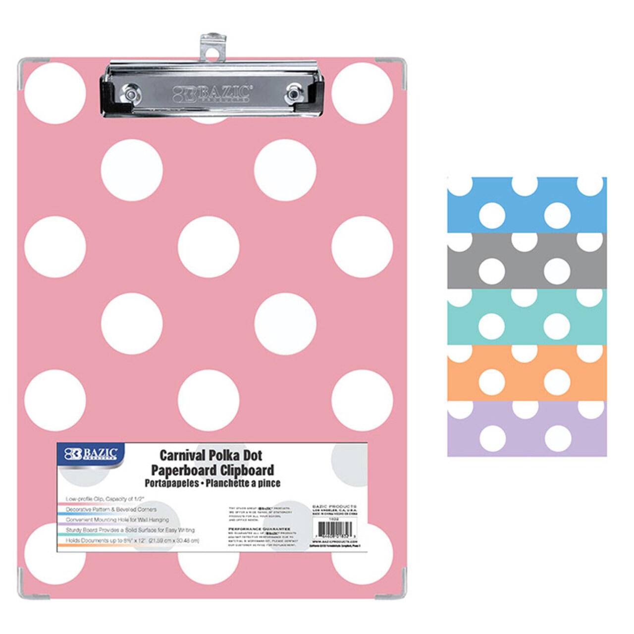 Paperboard Clipboard with Low Profile Clip, Standard Size, Carnival Polka Dot